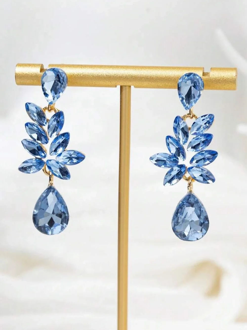 Elegant Baby Blue Teardrop Crystal Leaf Earrings